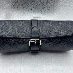 Louis Vuitton Leather Travel Pouch Black Gray Checkered Graphite